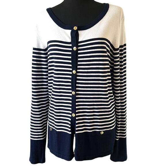 Karen Scott 90s Coastal Dream Striped Cardigan Navy Cream Size XL - Picture 1 of 8
